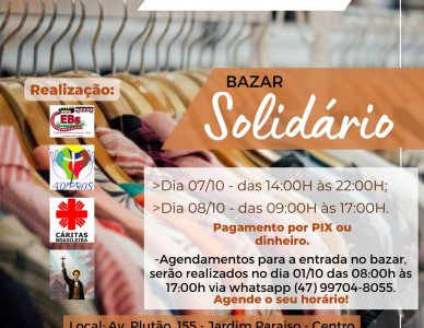 Bazar solidário acontece nos dias 7 e 8 de outubro